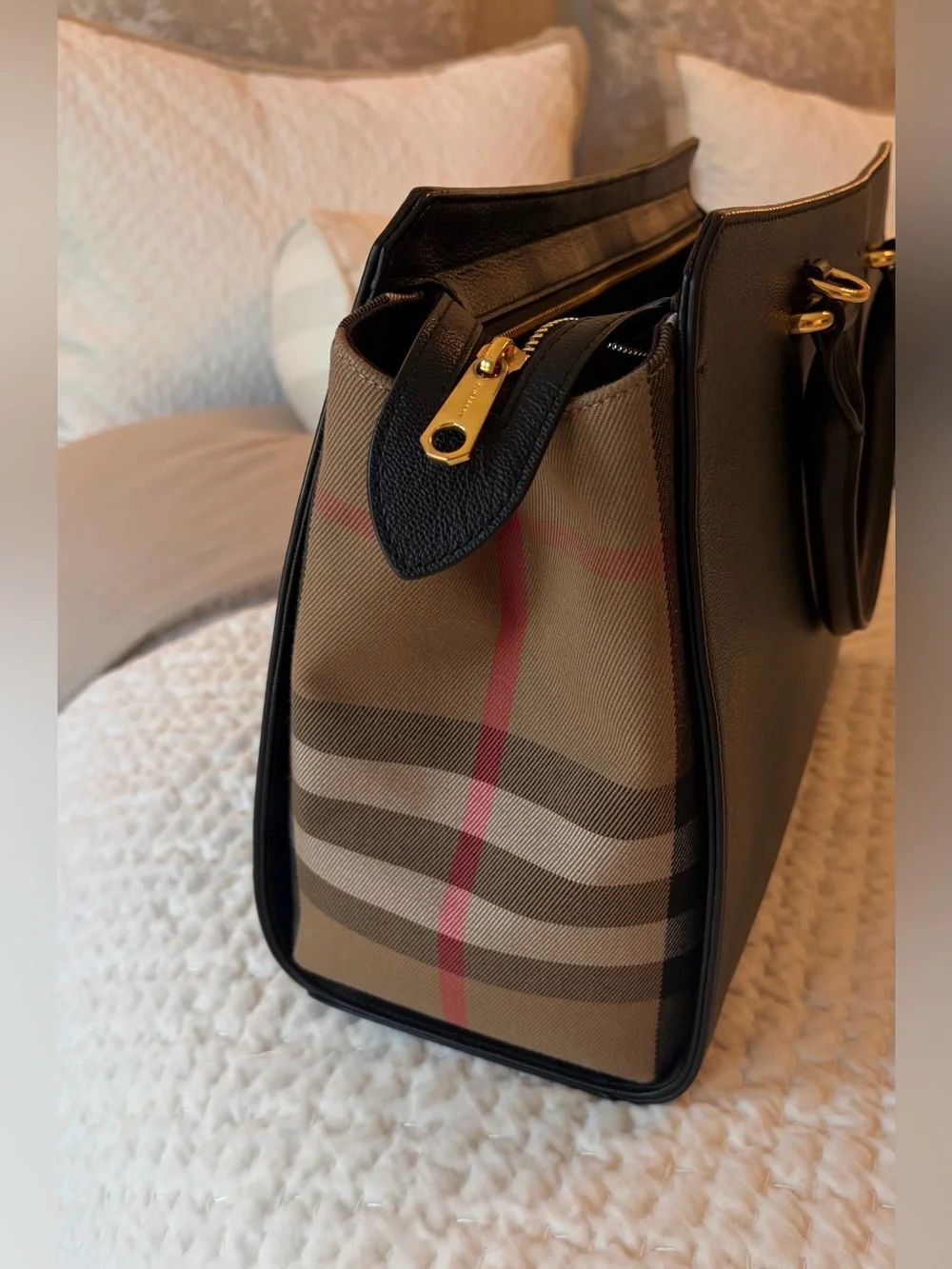 BURBERRY Calfskin Mega Check Medium Banwell Tote Black